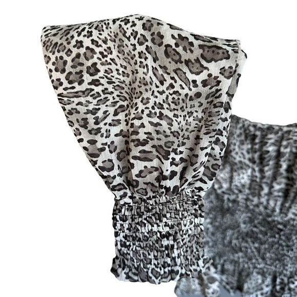 NWT HYFVE Leopard Print Puff Sleeve Smocked Ruffle Peplum Hem Blouse - Picture 7 of 12